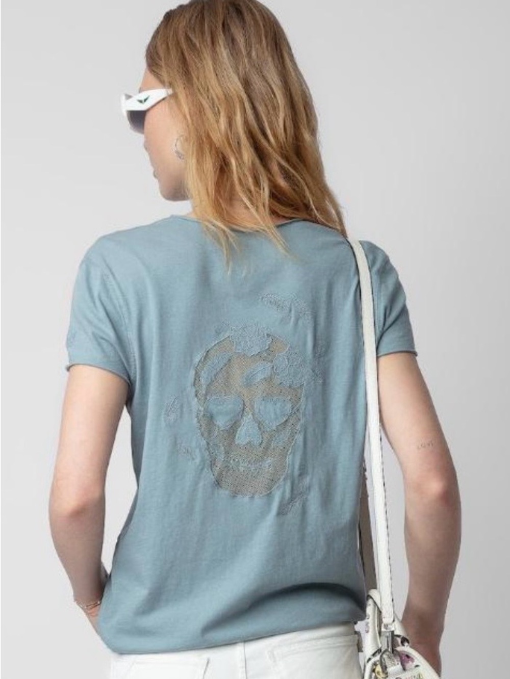 Zadig & Voltaire Story Fishnet Skull Short Sleeve Tee Glacier Light Teal XS NWOT